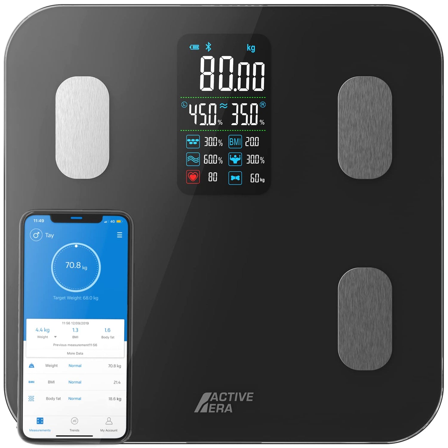 Active Era Bluetooth Body Fat Scale with large LED display - Bluetooth body fat scale with 16 measurements, highly accurate body weight, Body Mass Index (BMI), Free smartphone app (Black)