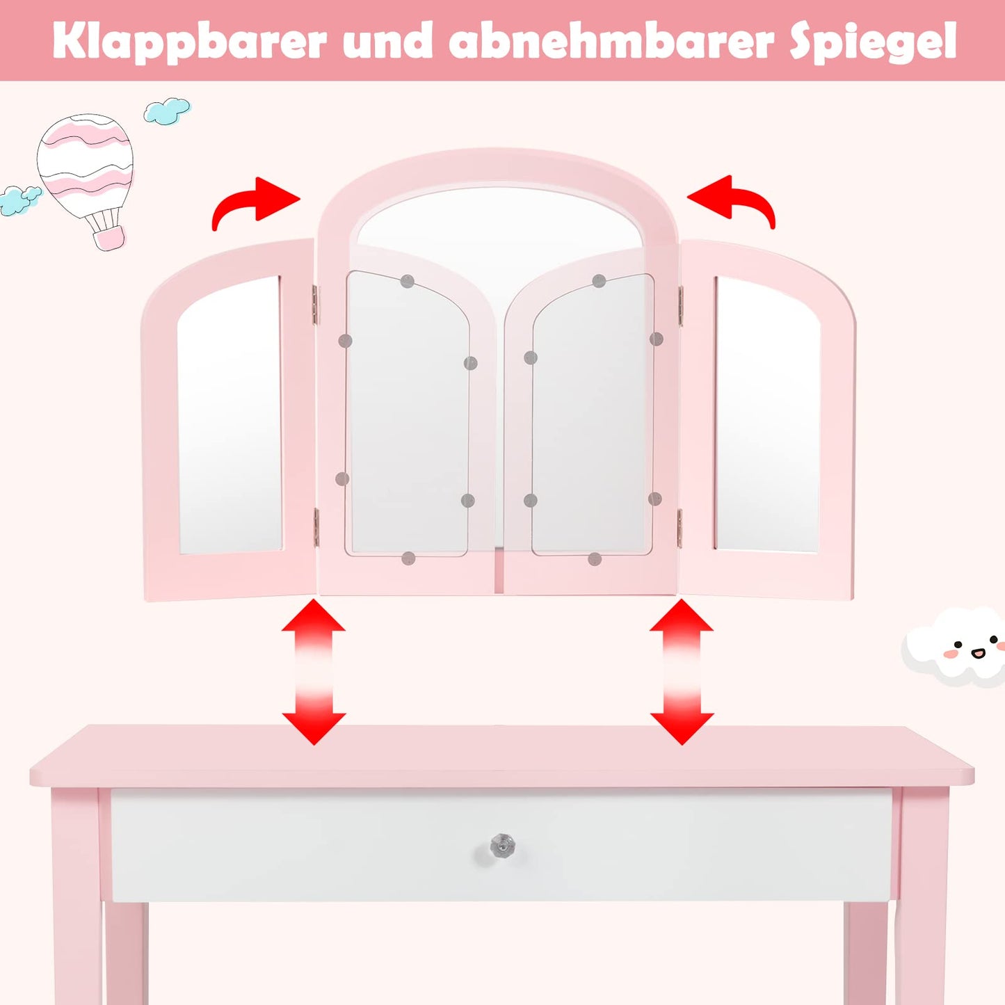 GOPLUS 2 in 1 Kids Vanity/Desk, Vanity Table & Chair, Makeup Table with Removable Triple Mirror & Drawer, Padded Stool, made of wood, in country style, for children's room (Pink)