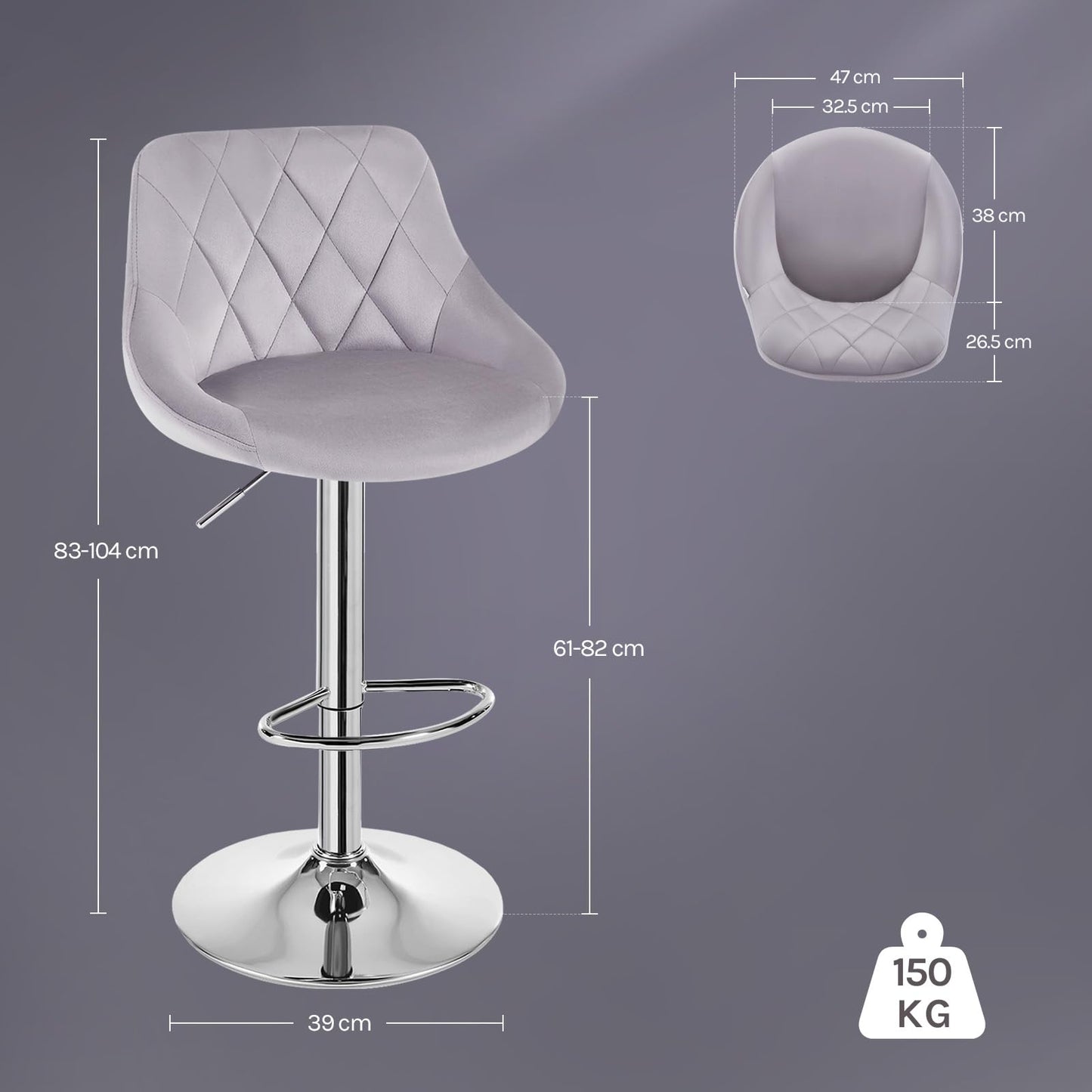 WOLTU Set of 2 Bar Stools, Bar Chairs with Backrest, Height Adjustable Swivel, Padded Velvet Seat, Non-Slip Metal Base, for Kitchen Home Bar, Light Grey, BH138hgr-2