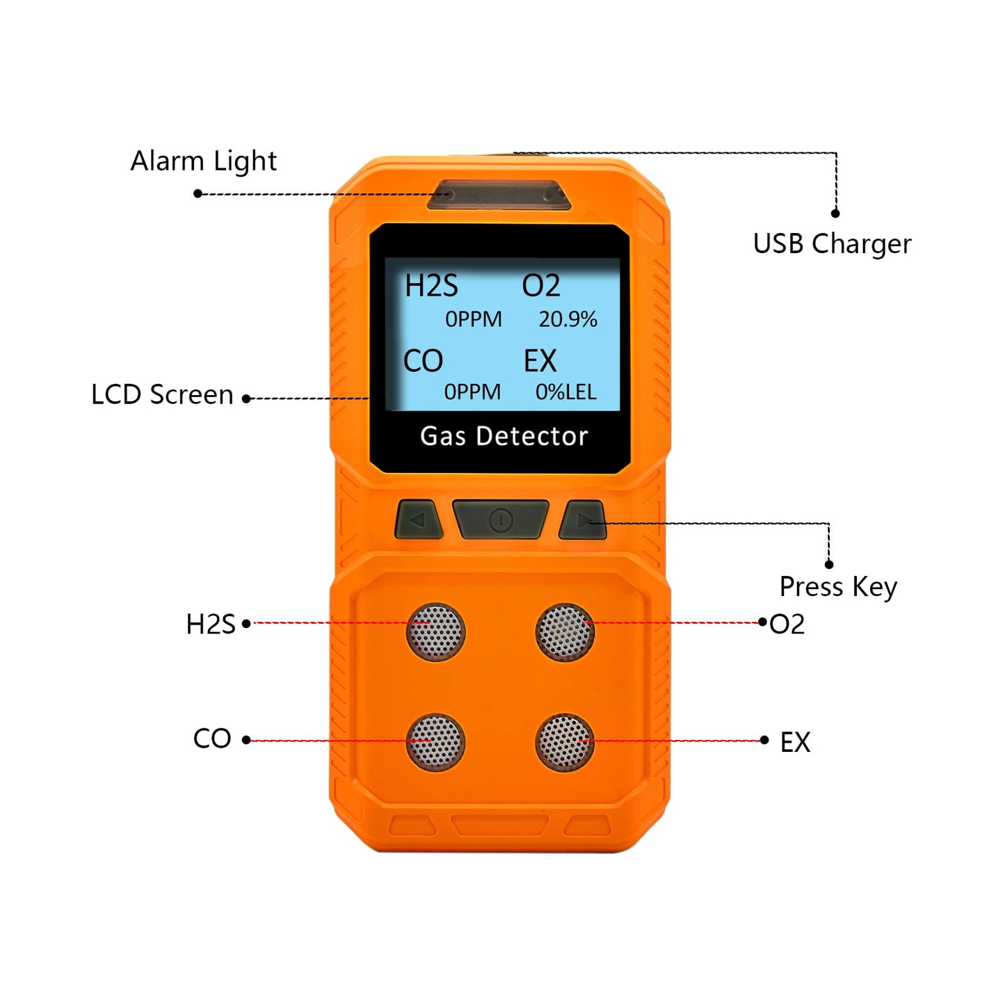 Gikaida Portable 4 Gas Monitor, H2S, O2, CO, EX Handheld Gas Detector, ready for immediate use (Orange)