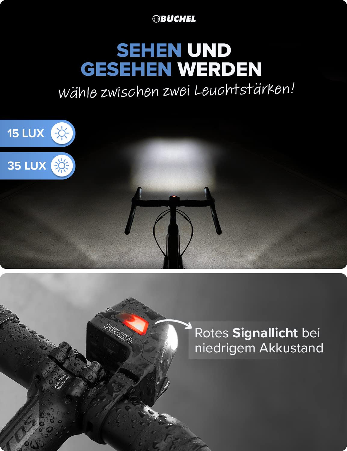 Büchel Ahead bicycle lights set I 35/15 lux design centered on the handlebar StVZO approved Rechargeable LED bike light for front + rear taillight, bike light, black