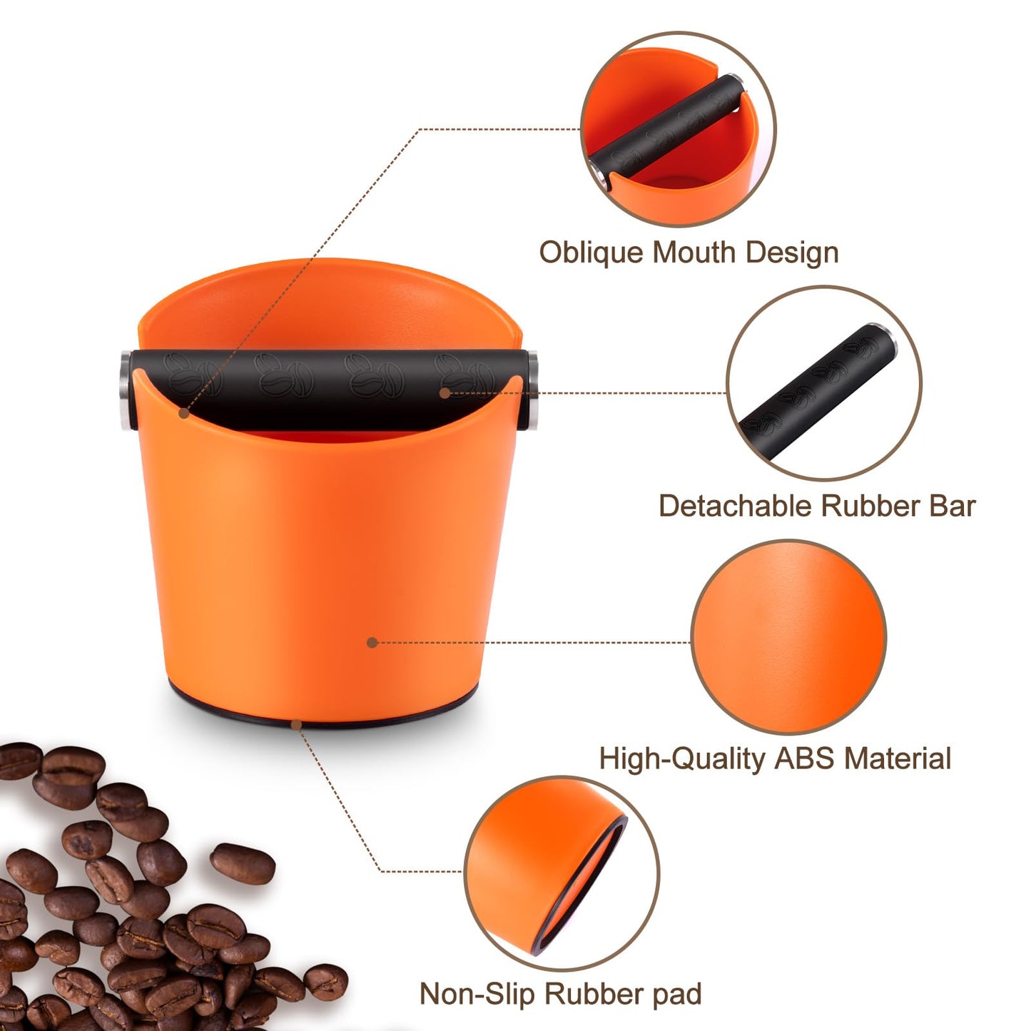 Portafilter Espresso Knock Box Coffee Grounds Container Knock Box Barista Style with Removable Metal Knock Bar and Non-Slip Base Orange