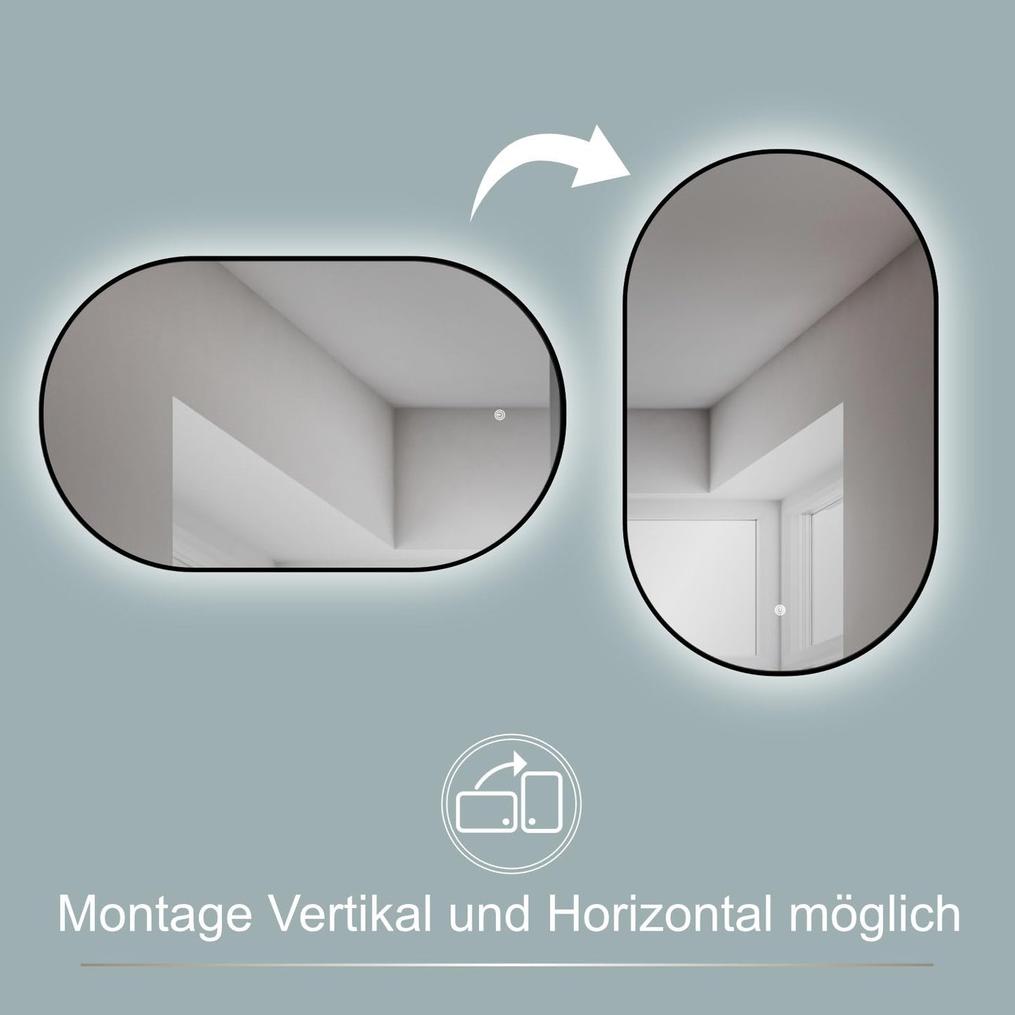 HOKO Design LED light mirror oval 50x90 cm / 90x50 cm Palermo with black metal frame. Mountable vertically or horizontally. LED illuminated bathroom wall mirror, touch switch + light change warm white - cool white - neutral.