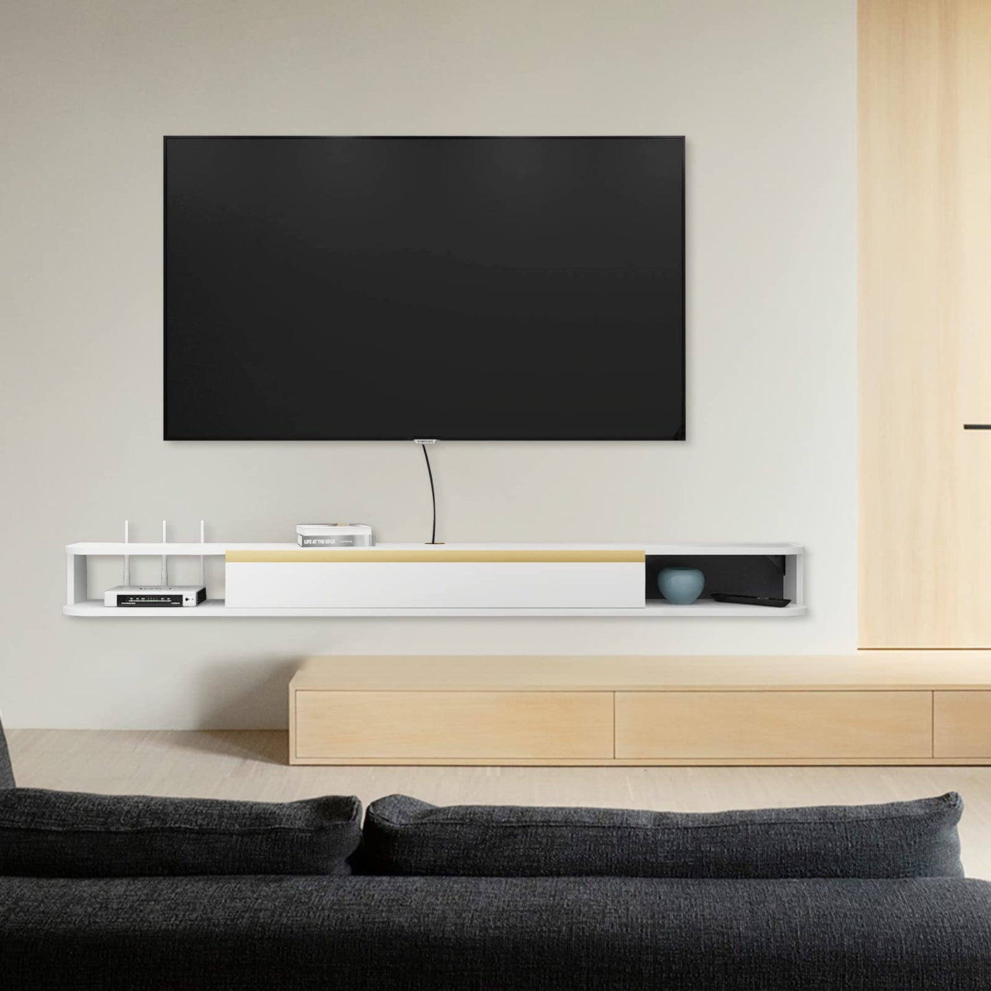 Pmnianhua TV floating lowboard, wall-mounted TV cabinet, wall-mounted floating TV stand entertainment media console center large storage cabinet for living room home office (120cm)