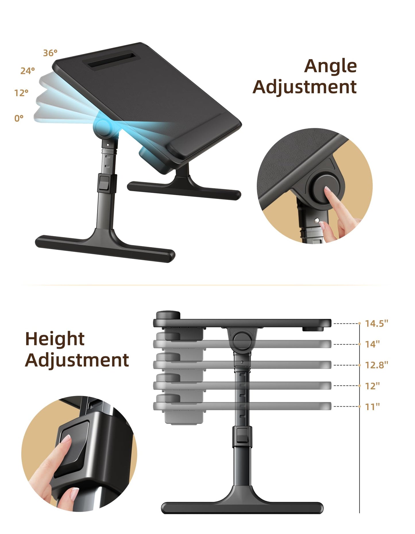 EWX bed desk with folding legs, tablet slot, storage drawer, silicone wrist rest, foldable lap table for eating, working, writing, and drawing.