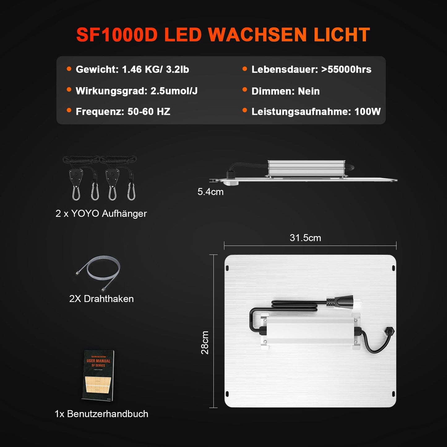 Spider Farmer LED grow light SF1000D with Samsung LM301B diodes, 100W, coverage 60x60cm. Full spectrum for indoor plants, vegetables, and flowers in grow tents or rooms.