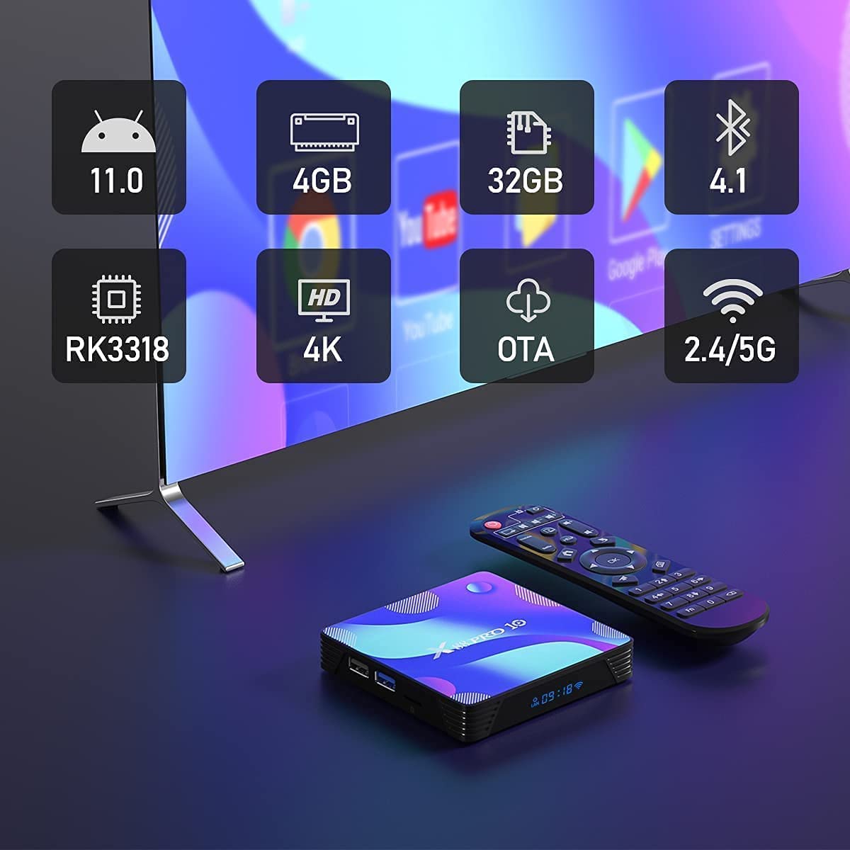 Android 11.0 TV Box, Android Box with 4GB RAM 32GB ROM RK3318 Quad-Core 64bit Cortex-A53 2.4GHz/5GHz WiFi 100M LAN Ethernet 4K UHD Bluetooth 4.0