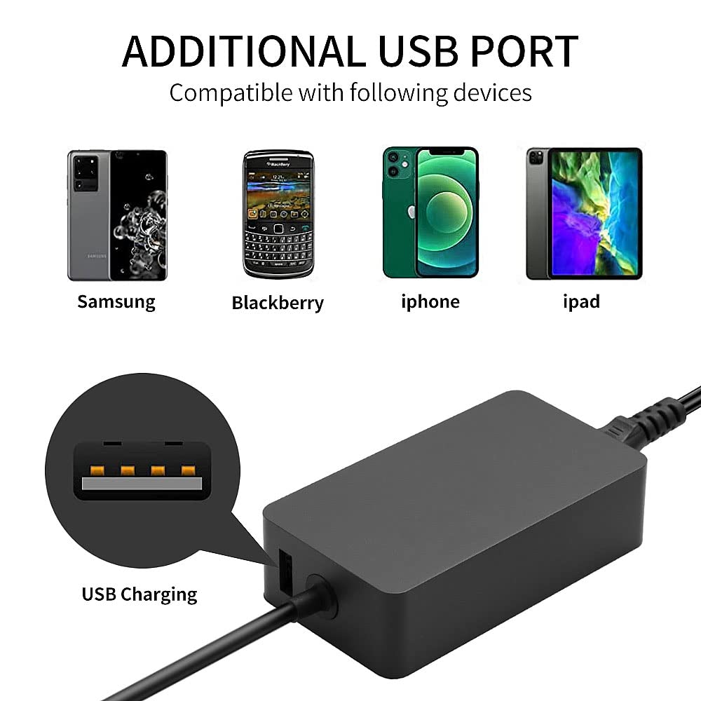 65W Surface Power Adapter Charger Cable for Microsoft Surface Pro 10 9 8 7 6 5 4 3 Surface 7 6 5 4 3 2 1 Surface Book 3 2 1 Surface Go 4 3/2/1 Tablet Surface Laptop Studio/Go with USB port.