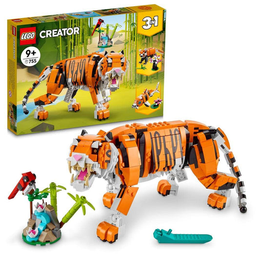 LEGO 31129 Creator Majestic Tiger, Panda or Fish & 31088 Creator Deep Sea Creatures, toy with sea animal figures: Shark, Crab, Squid, and Anglerfish, set for kids ages 7+.