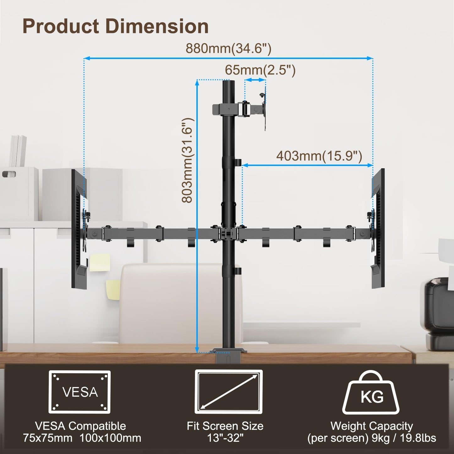 PUTORSEN Triple Monitor Mount for 13-32 inch Flat & Curved Screens, 80cm Pole Desk Mount Swivel Tilt Height Adjustable, 9kg per Arm, VESA 75x75/100x100, Black