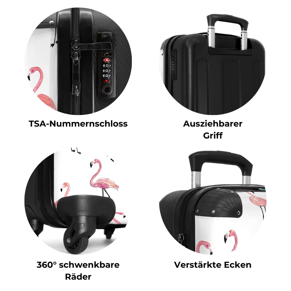 NoBoringSuitcases.com® Kids' suitcase for girls with wheels, hand luggage, suitcase with animal motif - flamingo pattern - pink - children's suitcase trolley, 55x40x20.