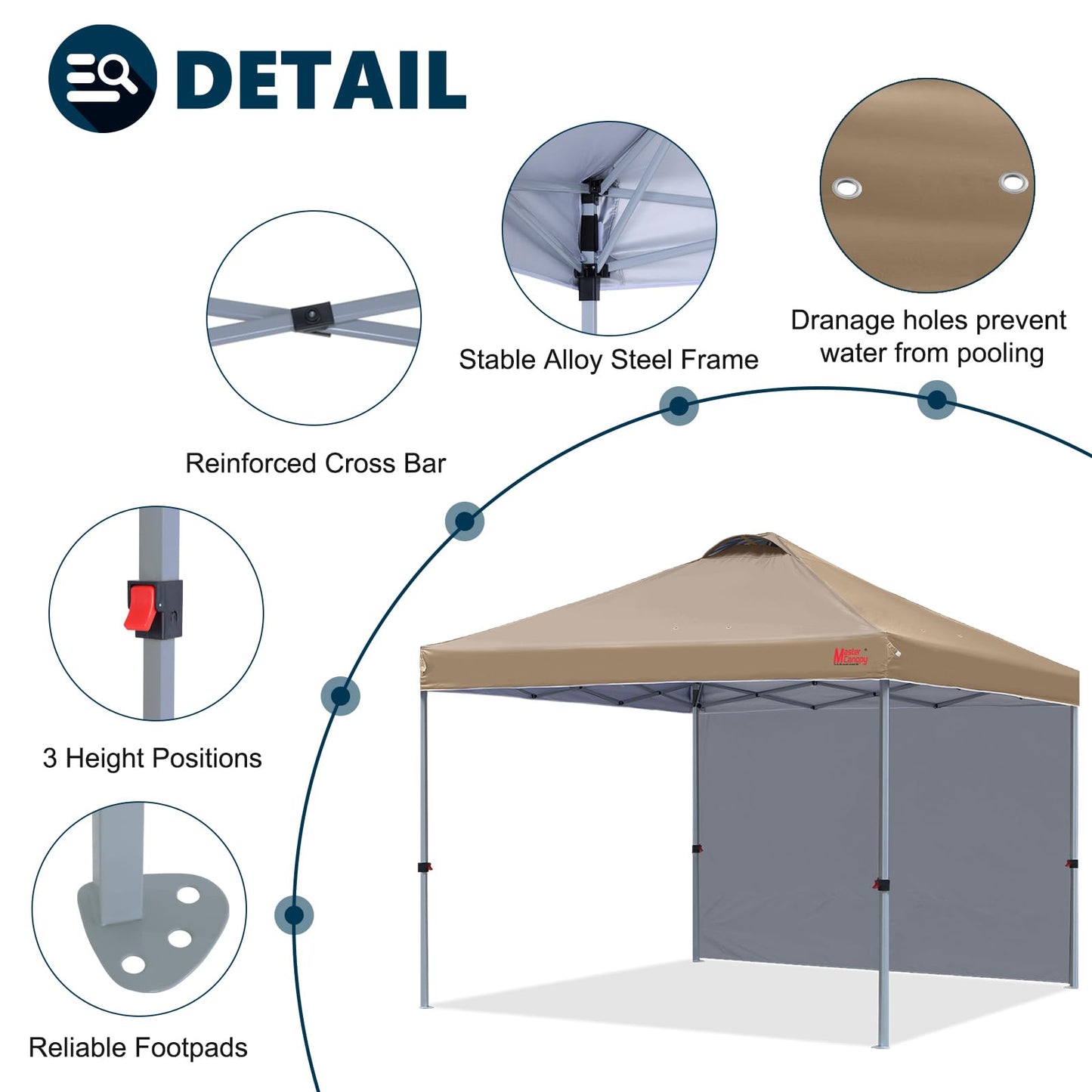 MASTERCANOPY 2.5 x 2.5m Pop-up Canopy Folding Tent with Vent & 1 Sidewall for Market, Garden, Events, Khaki