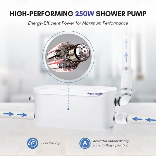 Aquamatix Shower Pump 250W Lifting unit Compact Drainage pump, Waste water pump 8m Vertical pump distance 100L/min for showers and sinks 2 inlets