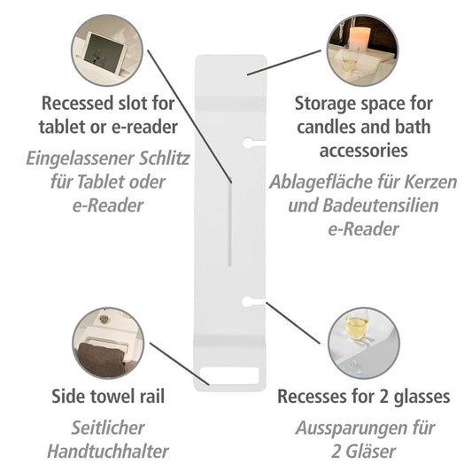 WENKO bathtub tray Matera with practical storage space for tablet, glasses, and bath accessories, spacious bathtub caddy for a relaxing bath, made of polyresin, dimensions: 94 x 5 x 20 cm, White