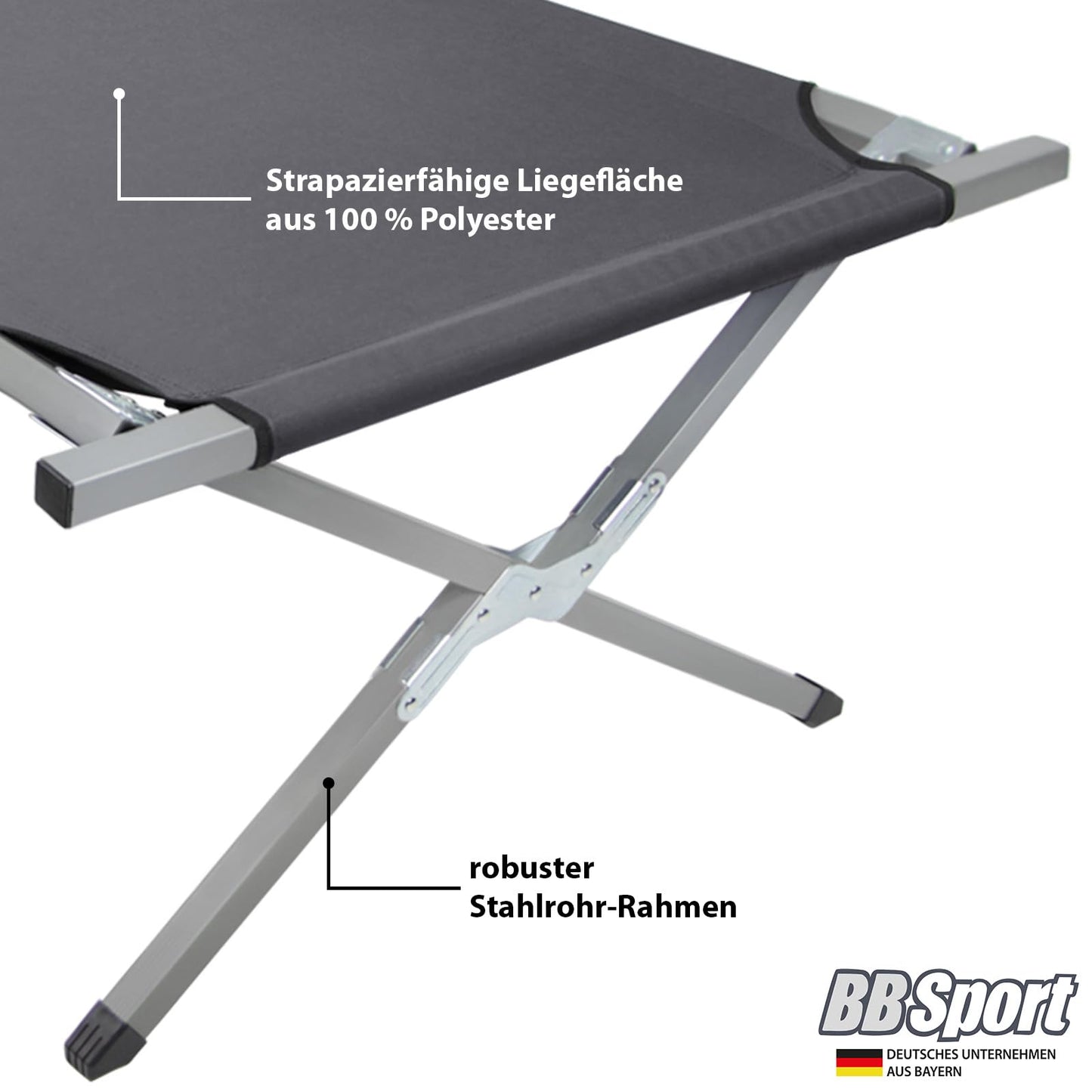 BB Sport folding camp bed 190 x 64 x 41 cm Sturdy camping bed 180kg load capacity Portable Convenient Travel bed Steel frame 600D Oxford fabric Carry bag Guest bed Foldable, Color: grey