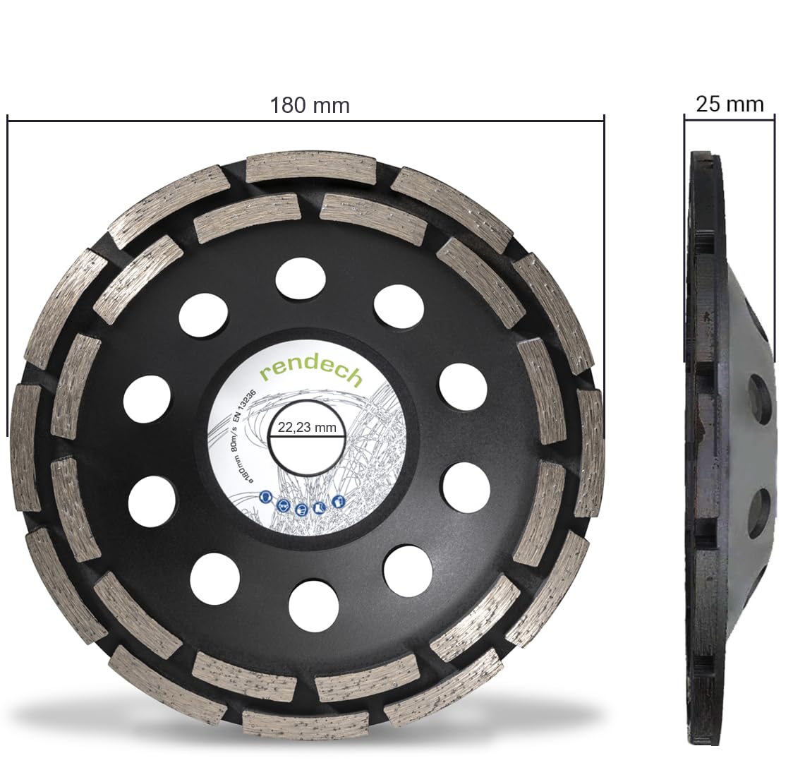 2x Professional Diamond Grinding Cup 180mm black for concrete, stone, tile adhesive, and more. - Concrete Grinding Disc 180x22.23mm for angle grinder | rendech®
