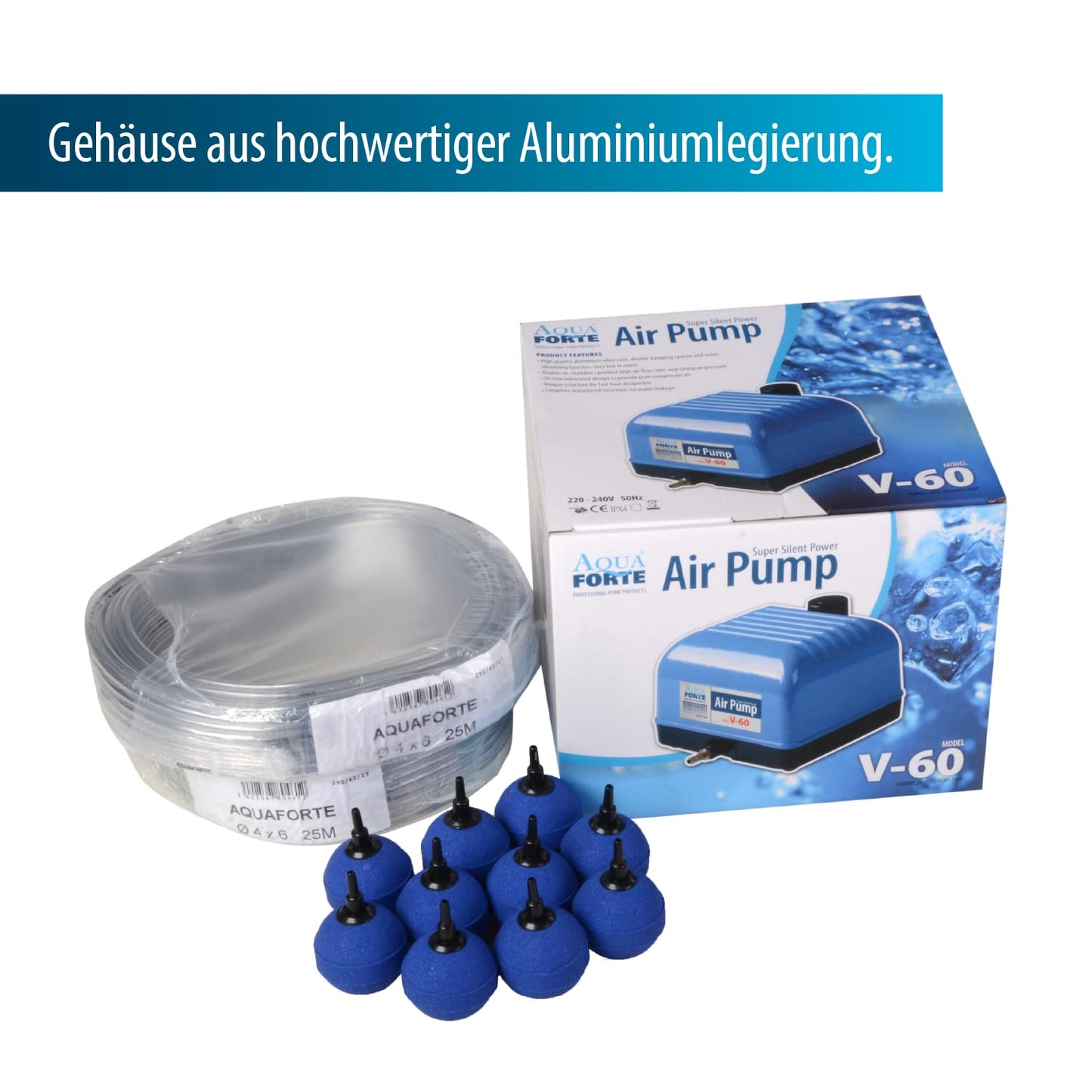 AquaForte Hi-Flow V-60 Air Pump Set, complete with air distributors, 50 m hose 4 x 6 mm, and 10 air stones 5 cm. Capacity at 2 meters 40 liters per minute. Maximum pond size 36 m3.