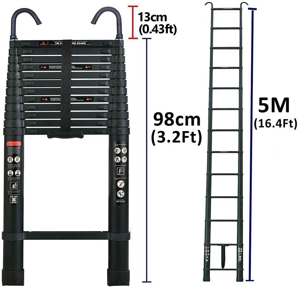 5m/16.5ft telescopic folding ladders made of aluminum EN131 certified. Multipurpose step ladder telescopic extension ladder portable aluminum ladder Max. load 150kg/330lb with removable hook.