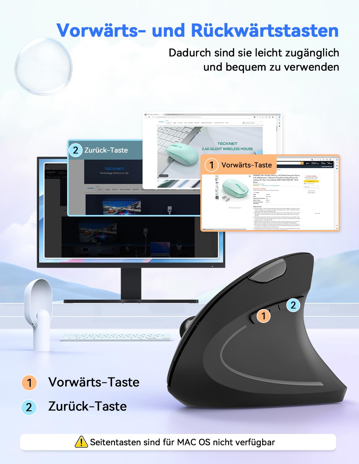 TECKNET Wireless Vertical Ergonomic Mouse, 4800 DPI 5 Button Wireless Optical Mouse, 2.4G USB Vertical Ergonomic Optical Mouse Wireless for Windows and Mac OS