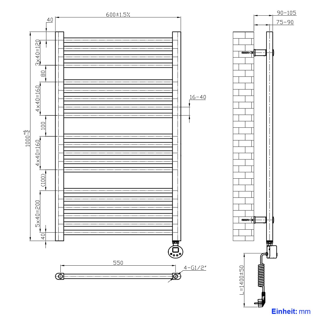 Heilmetz electric towel radiator 100x60cm with digital thermostat and timer function. Straight towel warmer in white, 500W.