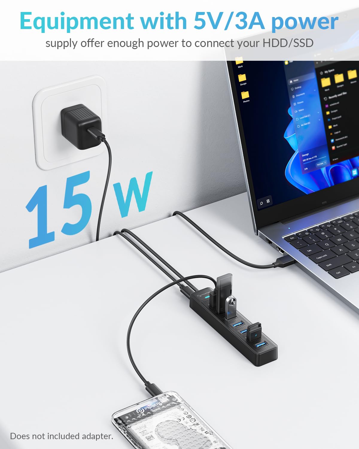 PHIXERO 7 Port USB Hub, 100CM Long Cable USB 3.0 Hub USB Distributor Adapter, Super Speed 5Gbps Data Hub, Compatible with All USB Port Devices