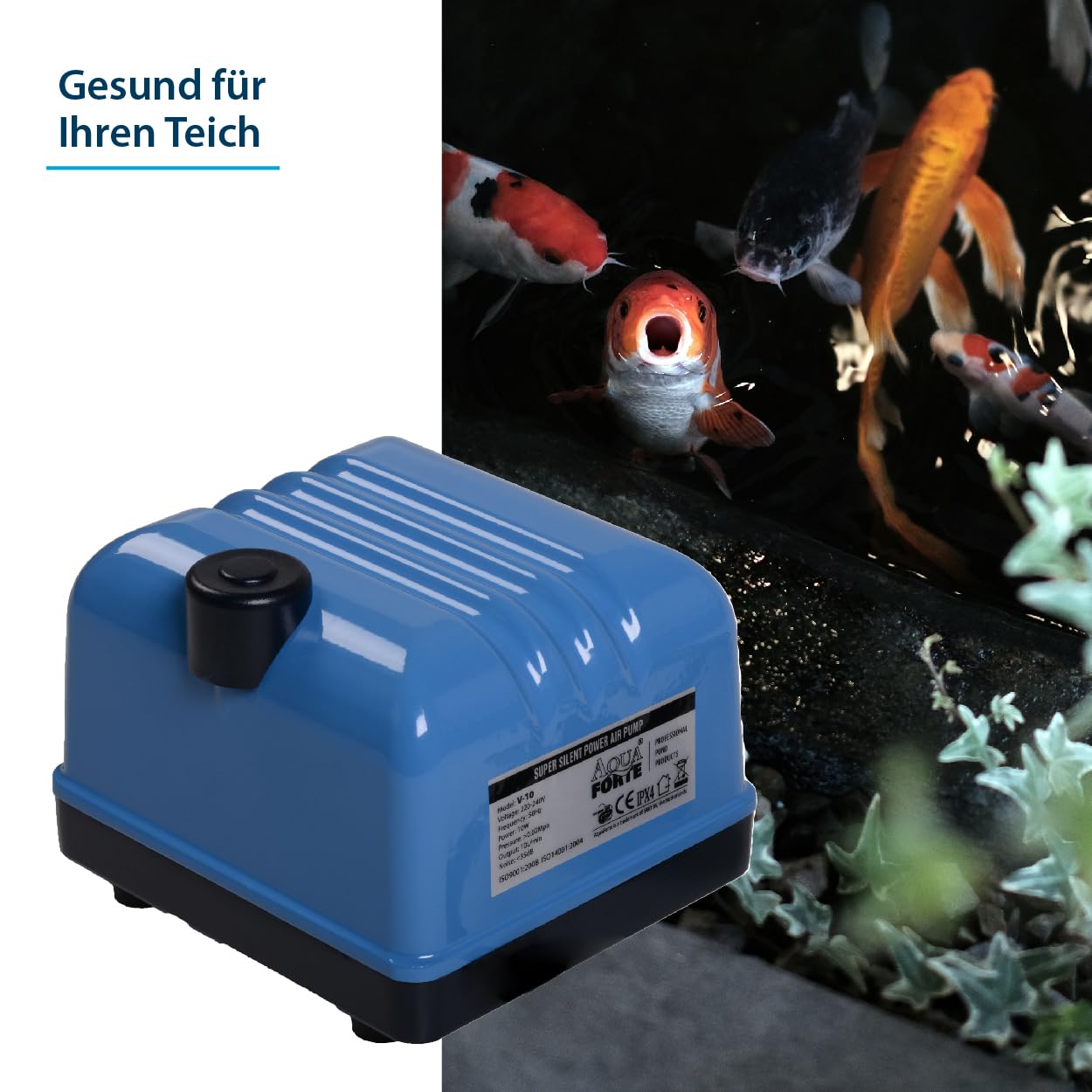 AquaForte Hi-Flow V-20 aluminum casing air pump, 15 watts, 3 liters per minute, max pond capacity 12 m3, DC powered.