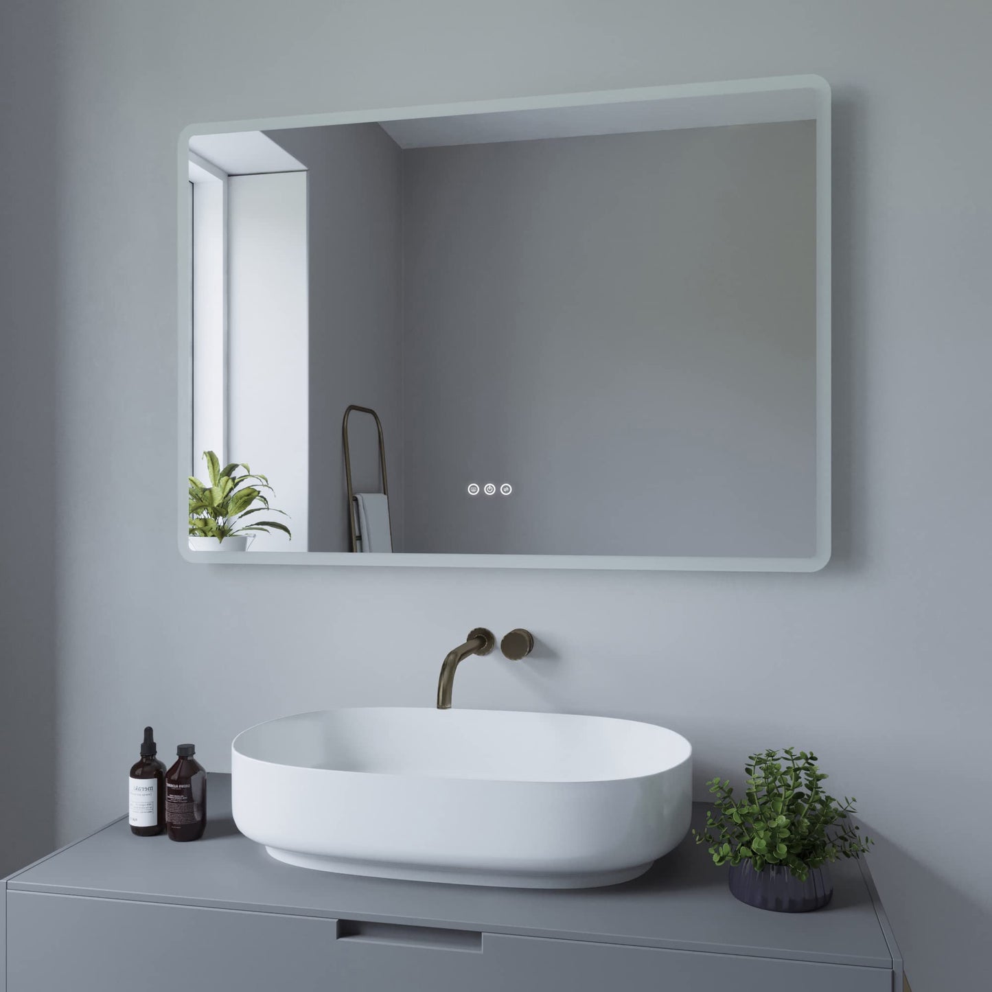 AQUABATOS 100x70 cm bathroom mirror with lighting LED wall mirror energy-saving. Dimmable touch switch + cool white 6400K + warm white 3000K + mirror defogger + IP44 + CE.