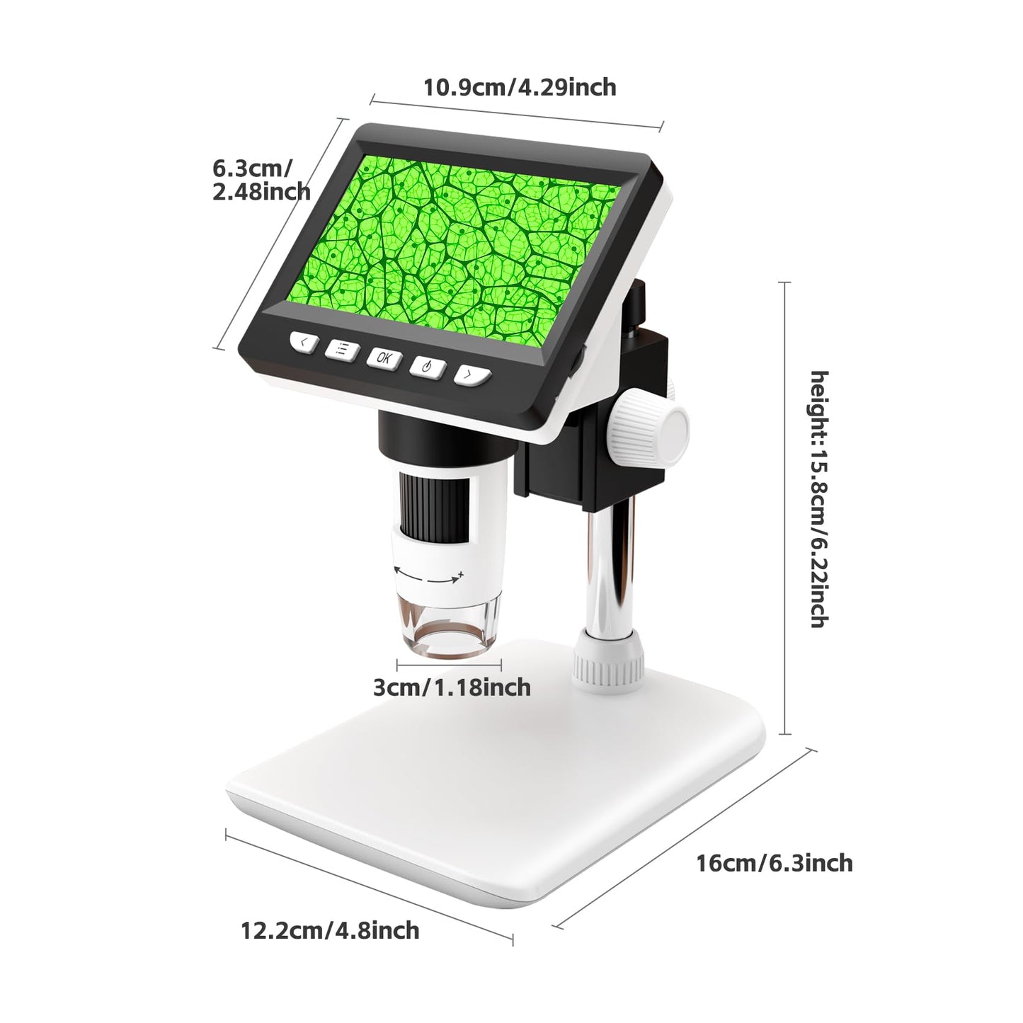 GlobalCrown Microscope for kids/adults, digital microscope with 4.3 inch screen, 1000X magnification and 8 adjustable LED lights, compatible with Windows/Mac.