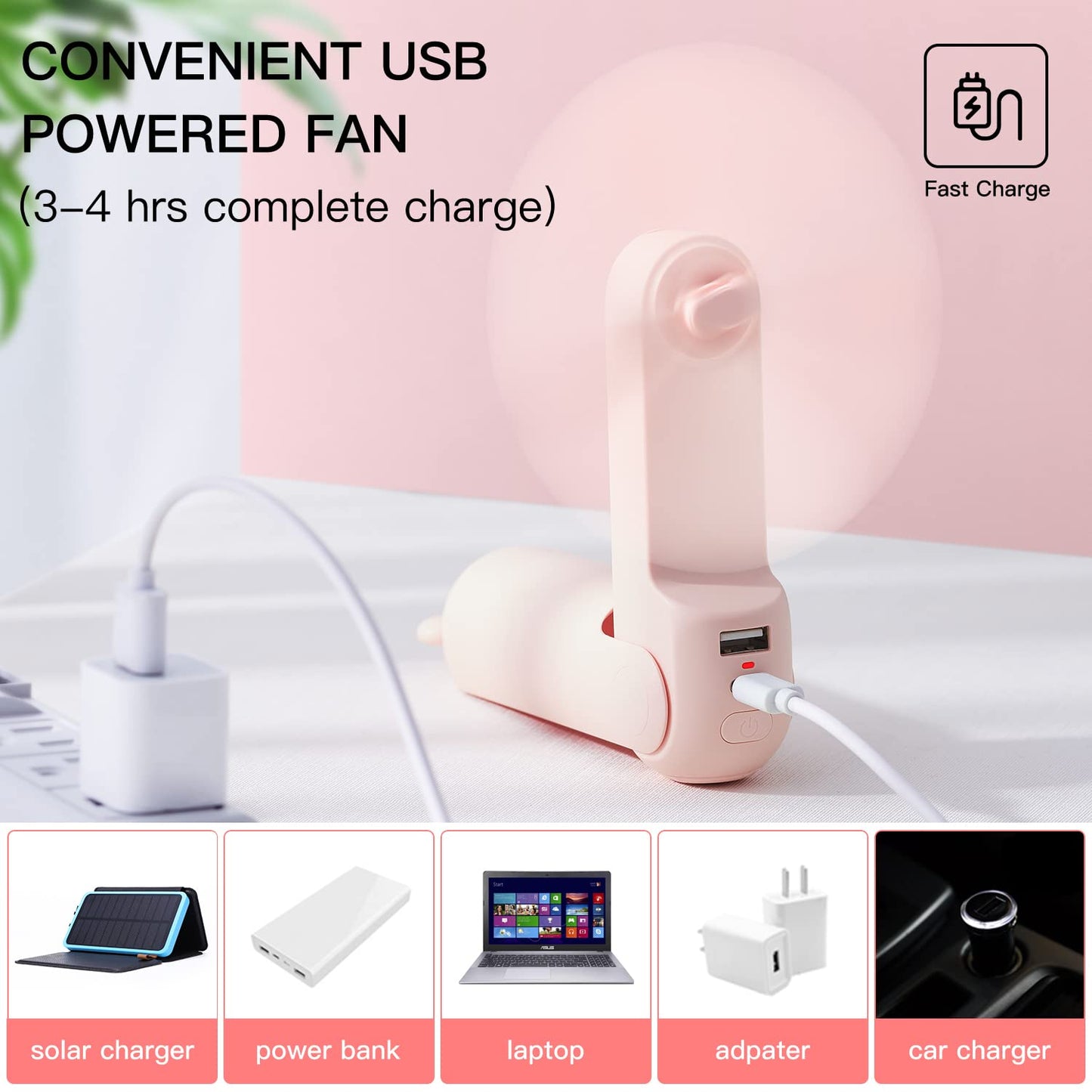 JISULIFE Handheld Fan Mini Fan 3 IN 1, with 4500 mAh Power bank USB Battery Small, Battery-operated Max 37Hrs Runtime Portable Fan, Flashlight Function-Pink