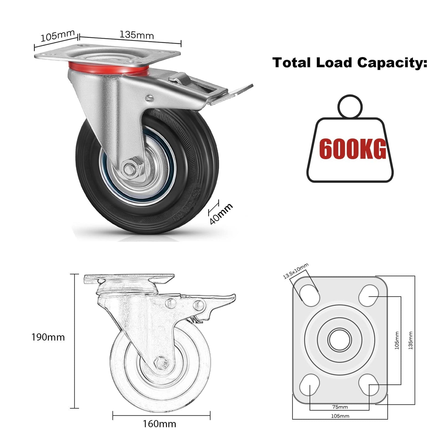 8 heavy-duty casters 160 mm swivel casters transport casters with brakes, load capacity up to 600 kg pallet casters, furniture casters 360° swivel silent (4 brake casters, 4 swivel casters)