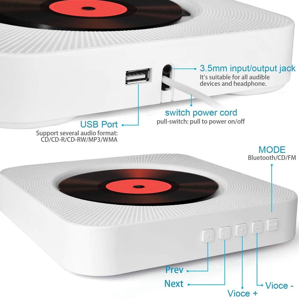 Adirigo Portable Desktop CD Player with Bluetooth Multifunctional with wall-mounted Music CD Player in HiFi speakers Home Audio Boombox with Remote Control (white)