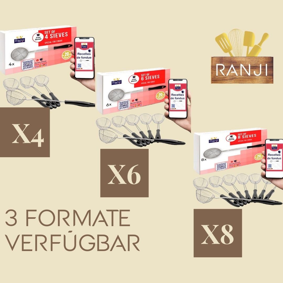 Ranji® - 8 mini fondue sieves & fondue forks made of stainless steel - perfect for Chinese fondue, cheese fondue, meat fondue & chocolate fondue - also suitable as a sieve for frying & bubble tea.