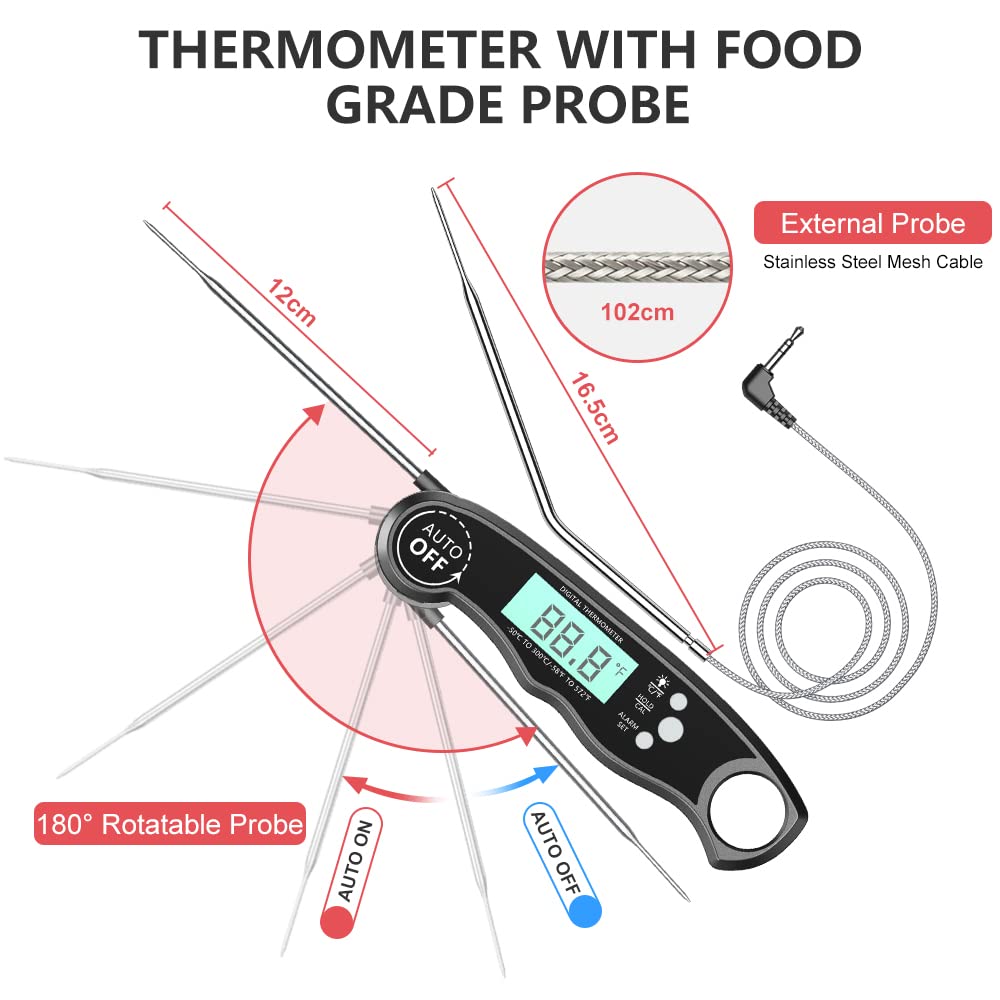 CIRYCASE Digital Meat Thermometer, Instant Read Roasting Thermometer Grill Thermometer, External Probe with 2 Long Probes & Magnet, Alarm Function, Kitchen Thermometer for BBQ, Oven.
