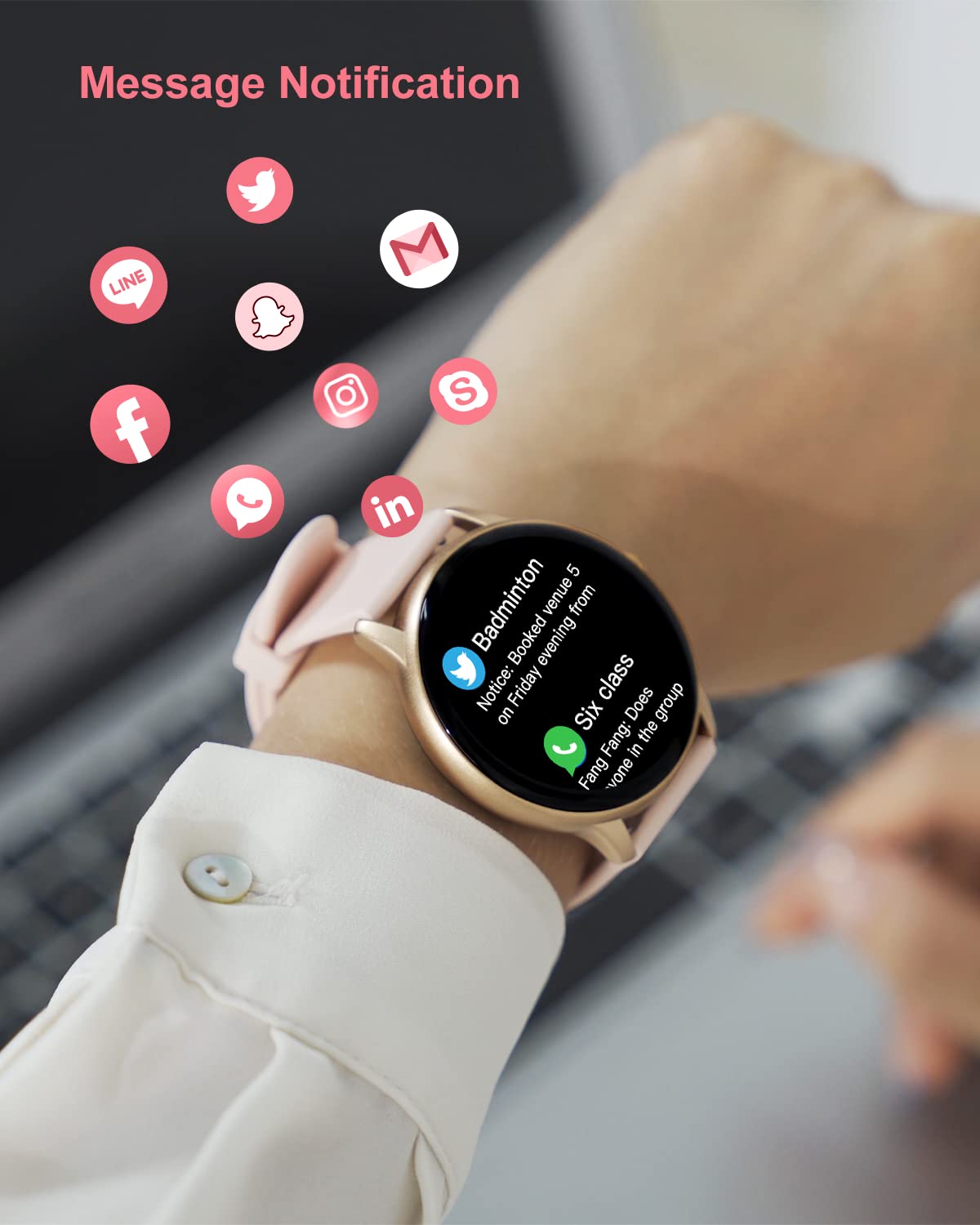 GRV Round Smartwatch for women and men with heart rate monitor, pedometer, sleep tracker, 7 days battery life, personalized watch face.