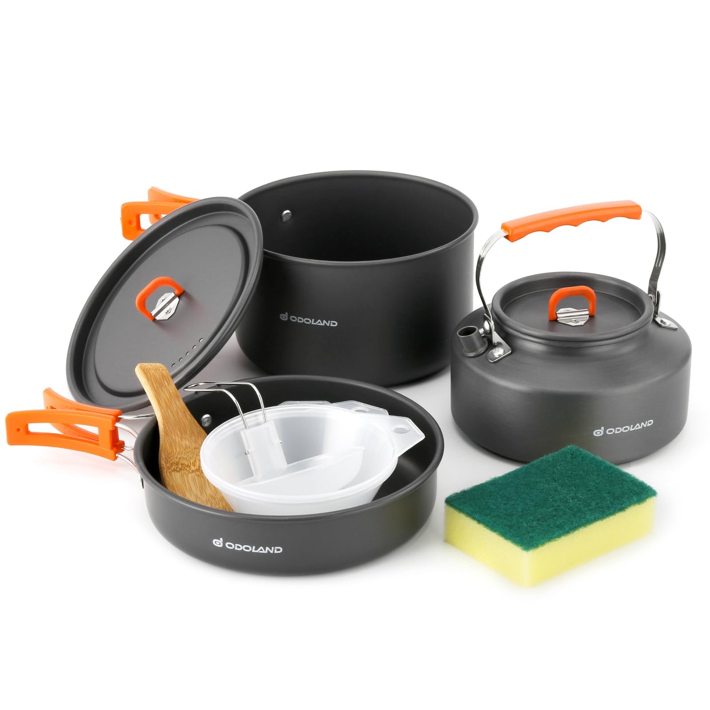 Odoland Camping Cookware Set, 10-piece outdoor dish set with camping pot 2.9L, camping frying pan 0.9L, and teapot 1.6L for camping, outdoor cooking, hiking, and traveling.