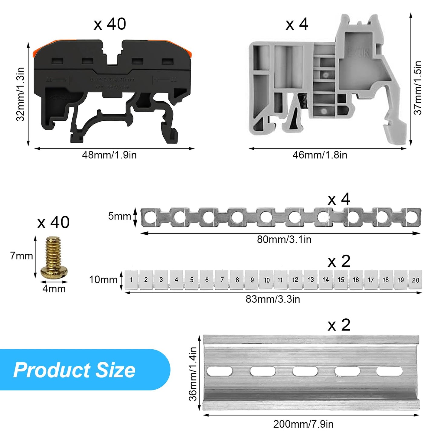 40 pieces of DIN rail terminal blocks, 0.08-4 mm² PCT-211 terminal blocks, terminal block terminal strip kit, quick wiring electrical connection block for automation projects, DIY projects.