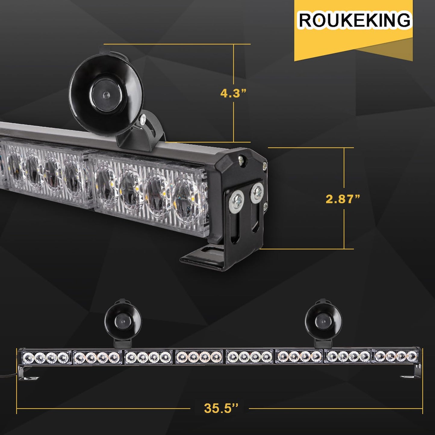 90 cm emergency light bar - 32 amber LED warning strobe lights, 13 flash patterns, traffic advisory bar, strobe safety lights with cigarette lighter (Amber)