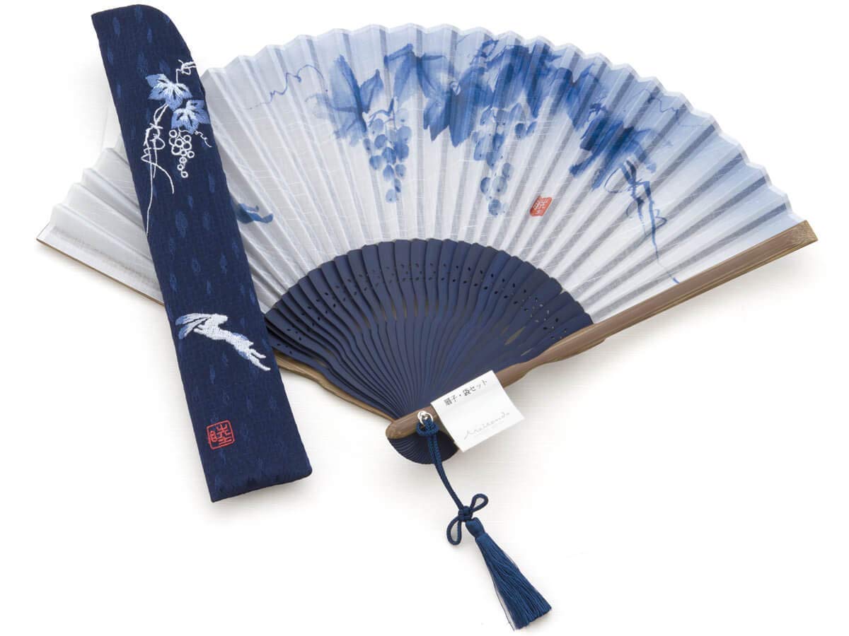 Maisendo hand fan Yoru, blue-white, made of bamboo wood and Japanese cotton, linen premium quality fabric case and gift box.