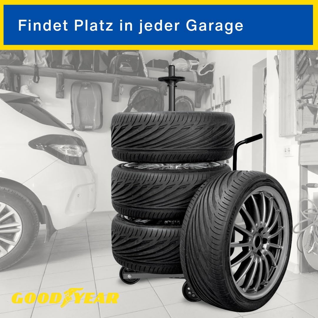 Goodyear wheel tree cart for 4 tires, space-saving and contactless storage, with protective cover, load capacity up to 100 kg, black