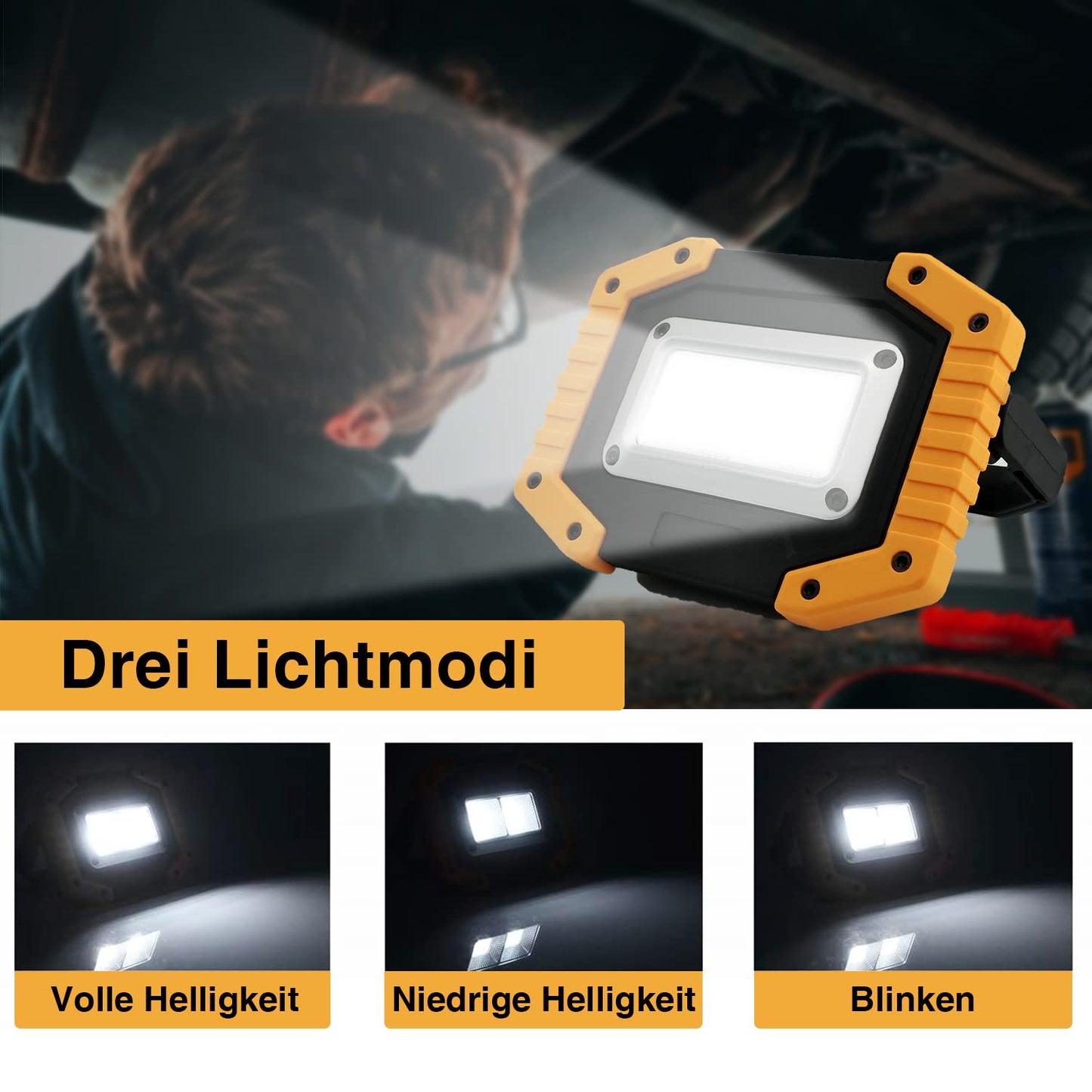 Tekstap LED work light with battery, portable work lamp, COB 30W 1500LM LED camping lantern USB for garage camping fishing emergency construction sites, 3 light modes (1 piece)