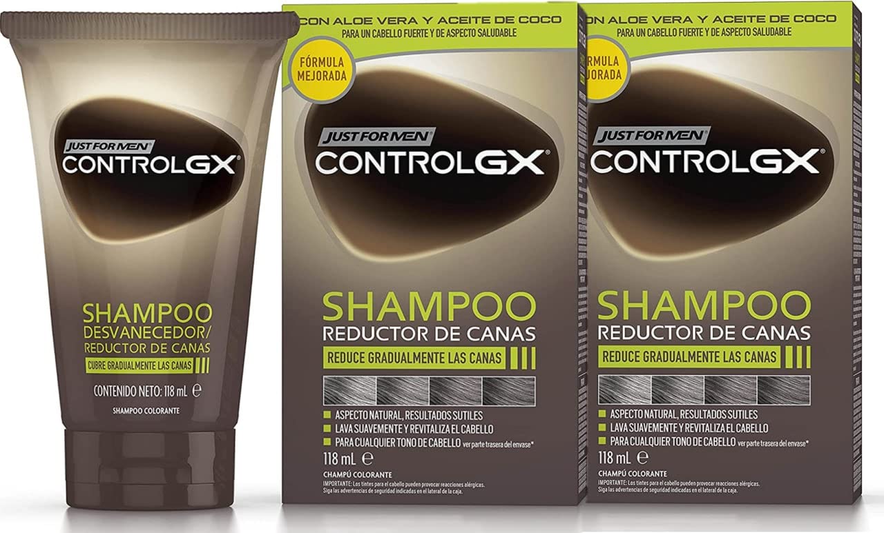 Just For Men Control GX - Gray-reducing shampoo for gray hair, with coconut oil and aloe vera, new improved formula, all shades, 118 ml x 2 units - Pack Promo