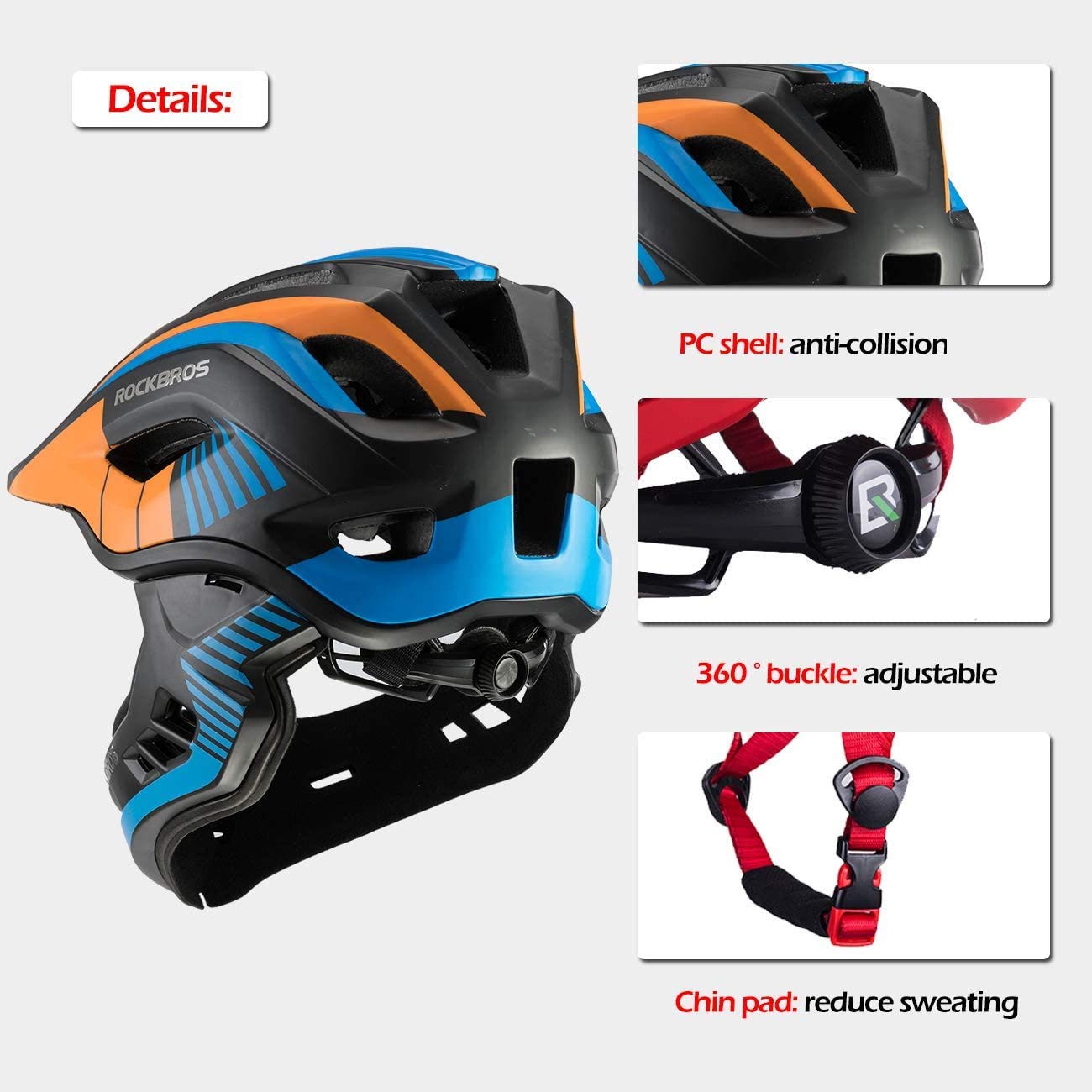 ROCKBROS Kids Helmet Integrated Bicycle Helmet for Kids Youth Fullface Helmet with Removable Chin Guard BMX MTB Downhill Helmet, Blue S 48-52cm