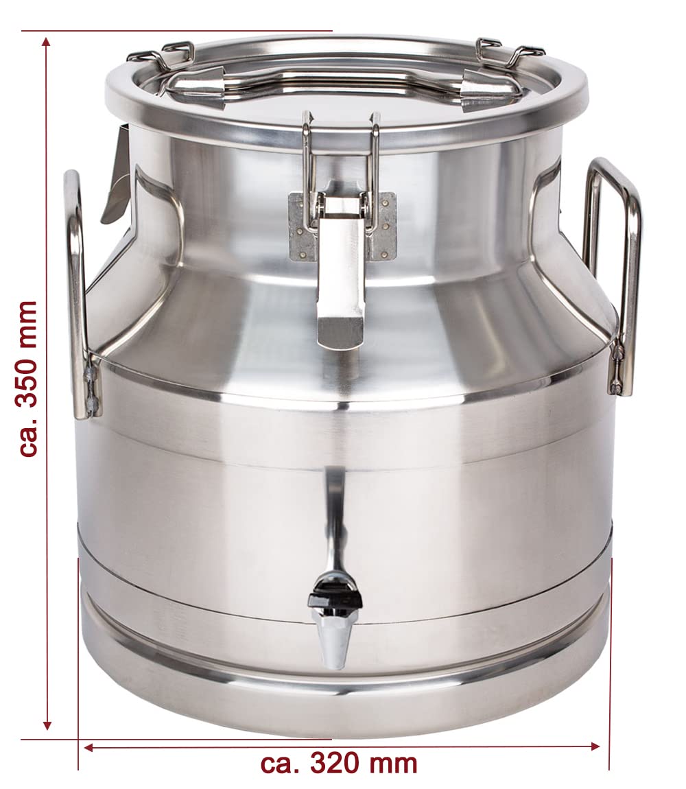 Beeketal 'BMK-20A' 20 liter milk jug transport container made of stainless steel with drain tap, leak-proof lid with seal and clasp lock - dairy milk can for transportation or storage.