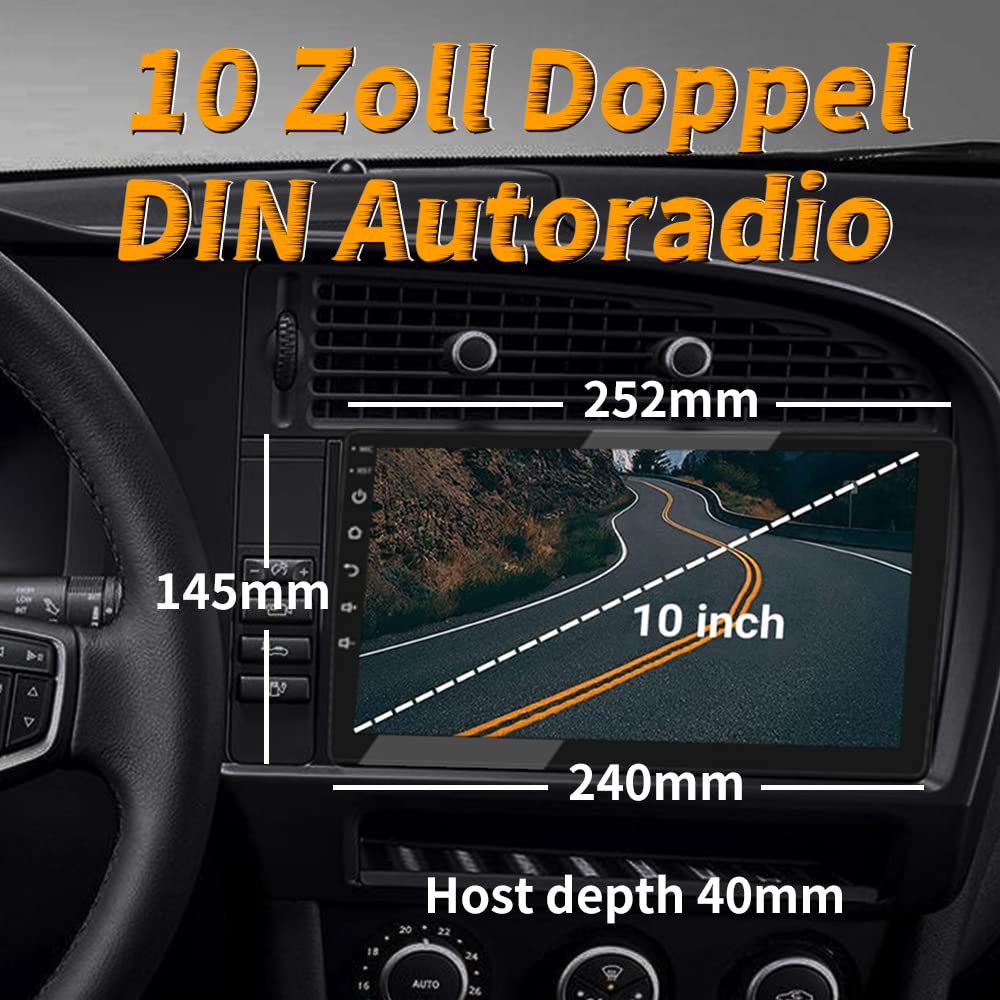 2 DIN car stereo, 10 inch 1080P HD touchscreen car radio with Bluetooth, Android car radio with navigation, Wireless CarPlay & Wireless Android Auto, FM radio, Mirrorlink, WiFi, 2 USB ports, 2GB RAM + 32GB storage.