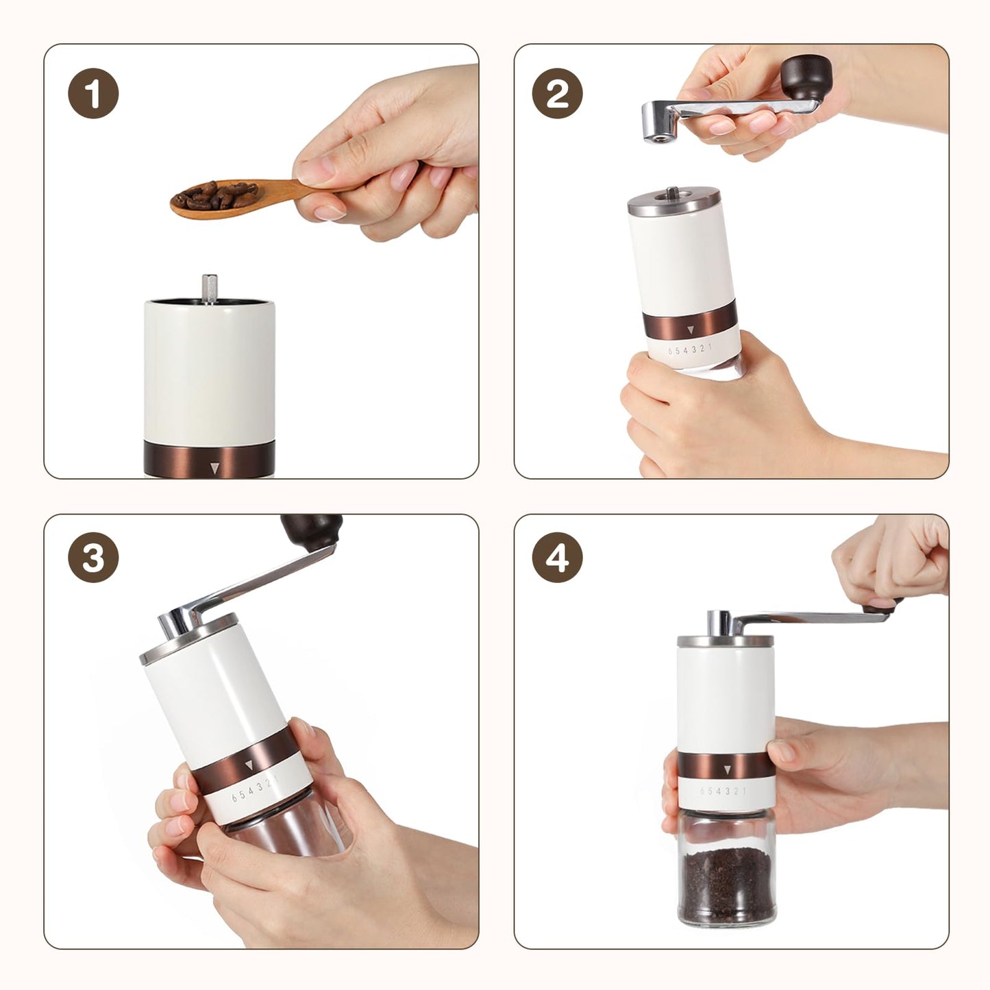 Vucchini Manual Coffee Grinder with External Adjustable Coarseness, Stainless Steel, Ceramic Conical Burr, Milk White, Portable Grinder for On-the-Go in Home Office.
