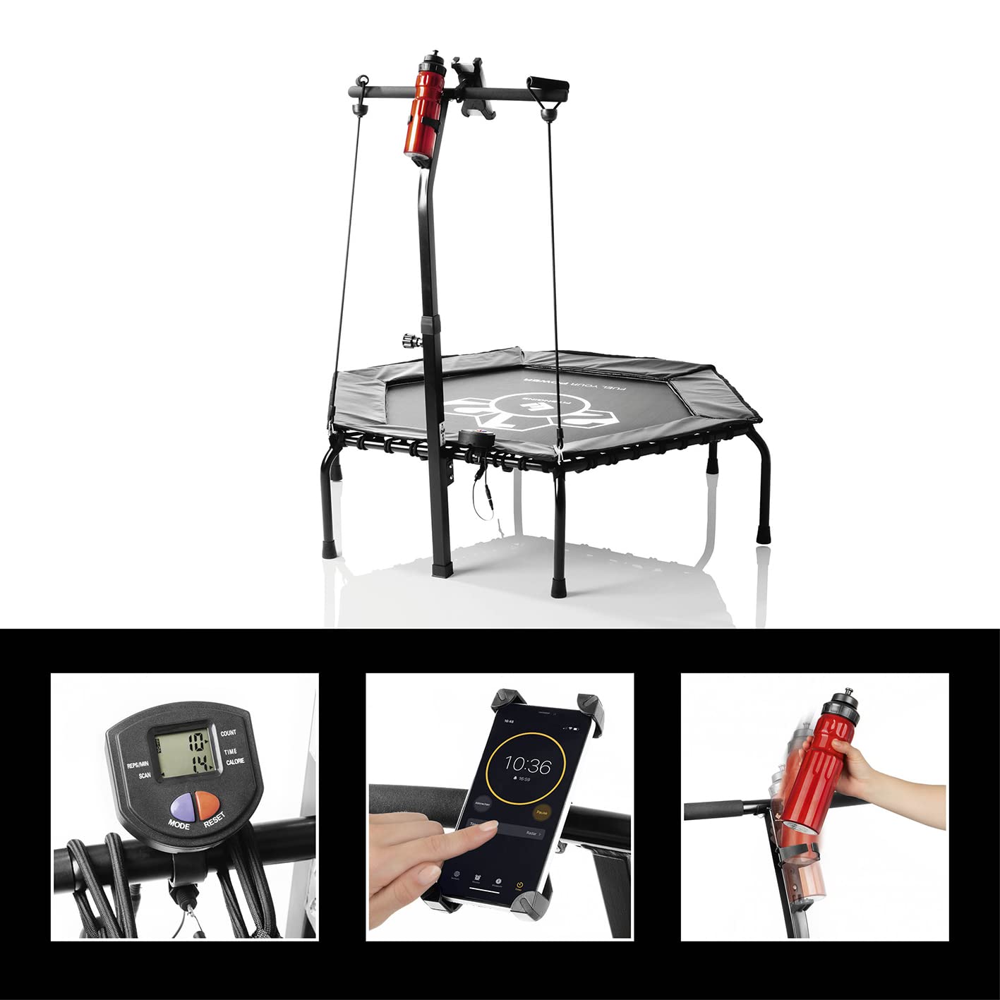 FitEngine Fitness Trampoline Smart + Heart Rate Monitor Set | Trampoline with 5-level adjustable handle | Pulse measurement during endurance & cardio training with Bluetooth function