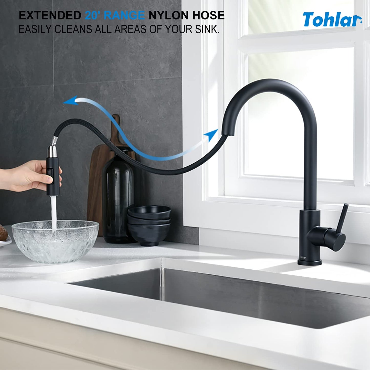 Tohlar Kitchen Faucet Black, High Pressure Pull-out 360° Swivel Kitchen Faucet Stainless Steel, Modern Single Handle Sink Faucet