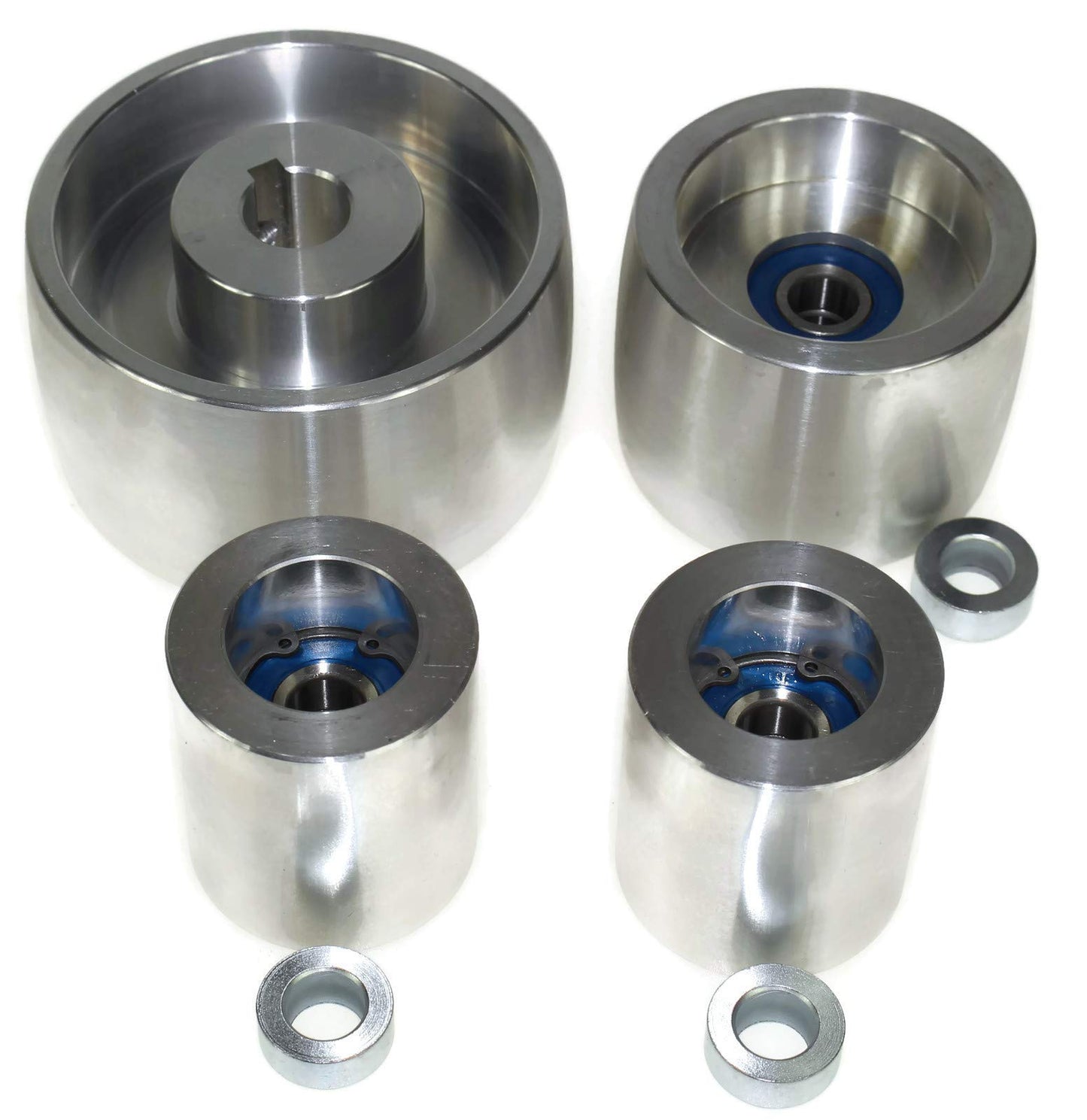 (AL4-19) CNC machined belt grinder set for knife sharpeners. 100mm drive wheel, 19mm shaft, 75mm tracking wheel, 50mm idler.
