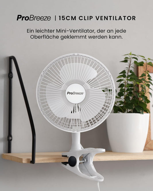 Pro Breeze Mini Fan with Clip, 20 cm diameter, 2 speed settings, sturdy clip - quiet fan, ideal as a desk fan at the office, for a grow tent, at home in the bedroom
