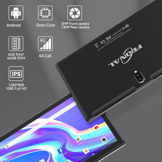 The 2025 Latest 10-inch Tablet, 3-in-1 Android Tablet with Keyboard Mouse Pen, 4G LTE Tablets with 2 SIM 1 SD, 64GB ROM 512GB TF-Octa-Core | 1080P FHD | 13MP | 6000mAh | Bluetooth | WiFi GPS Type C - Black.